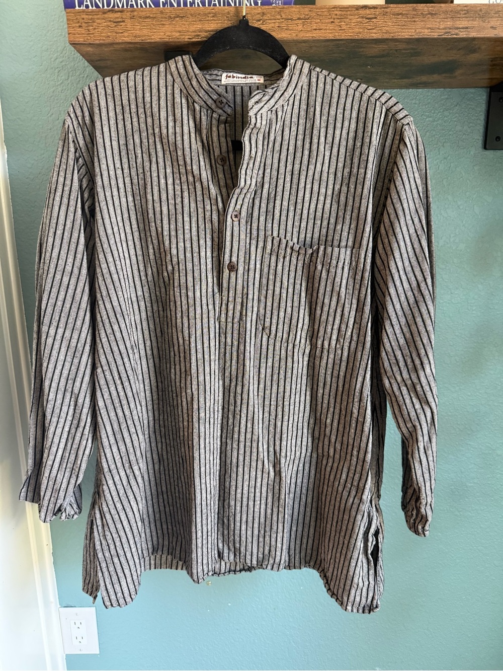 Fabindia Men’s Striped Cotton Kurta Shirt Band Collar Boho India Size 36